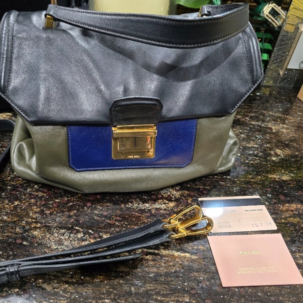 VGC Authentic Mui Mui Leather Tri Color Madras 2 way  Satchel